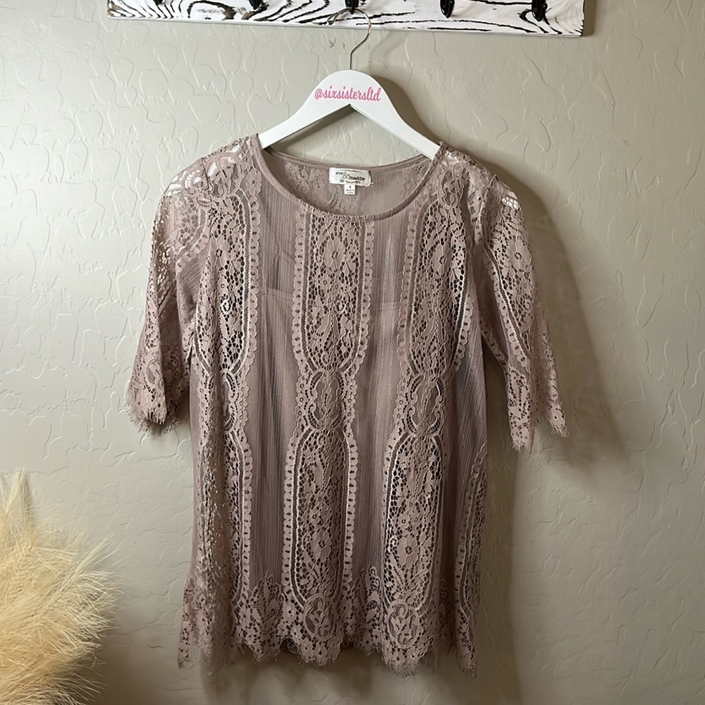 eve & maddie two piece lacy tunic length top chocolate lavender color small